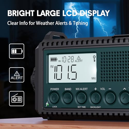 Emergency Crank Weather Radio with NOAA Auto Alerts and Shortwave, 5000mAh | Solar Charging, AM/FM/SW, Flashlight, Reading Lamp, SOS Alarm, Phone Charger, Time Clock and Large LCD Display - color: Blue