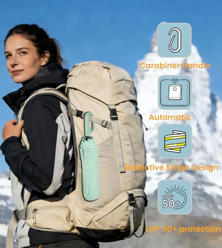 SIEPASA Travel Umbrella with Carabiner Handle - Windproof 10 Ribs Auto Open/Close for Rain & Sun Protection, Compact Portable Clip-on Backpack Design with Safety Reflective Strip. - color: UV-Light Green