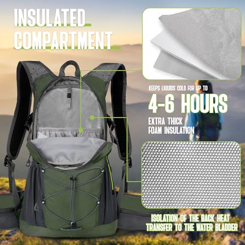 N NEVO RHINO Hydration Backpack, 18L Hiking Backpack with 3L Water Bladder | Multipurpose Water Backpack High Flow Bite, Insulated Hydration Pack Ideal for Hiking and Cycling - color: Army Green
