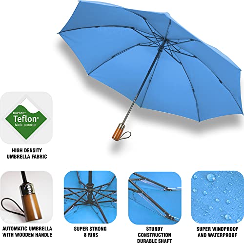 Raintrend Windproof Travel Umbrellas for Rain Automatic +10% Bigger Canopy Strong Frame Compact Folding Portable Umbrella for Women Men Backpack Purse - color: Y Sky Blue
