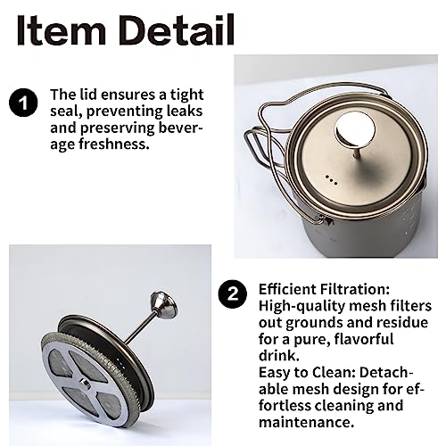 Titanium French Press Pot 750mL/25 fl oz Coffee Maker Camping with Lid and Filter Titanium French Press Cup Backpacking for Outdoor Hiking Camp