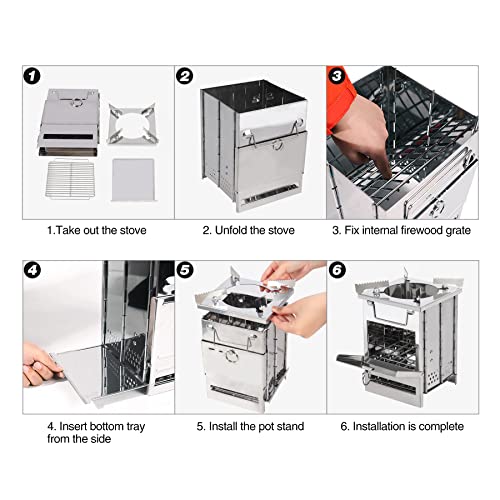 Large Portable Camping Wood Stove for Cooking, 304 Stainless Steel Folding Lightweight Wood Burning Stove with Grid and Pot Stand for Outdoor Camping Hiking Backpacking BBQ Picnic - size: Large with Grid and Pot Stand