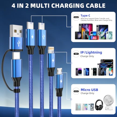 4 in 2 USB A/C Multi Charging Cable, Charging Cords for Multiple Devices | 2 Pack 5FT Multi Charger Cable with 2 Type-C, IP, Micro USB Cable, Phone Charger Cord for iPhone 17-8, Android, iPad, Galaxy - color: Blue