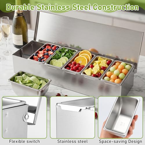 6 Compartments Stainless Steel Chilled Condiment Tray, Garnish Tray with 6 Removable Compartments, Chilled Condiment Dispenser with Lid, Fruit Serving Containers - size: 6 Compartments