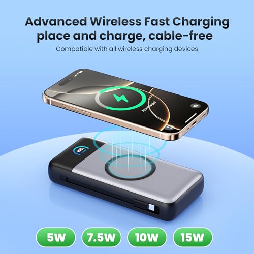 Wireless Portable Charger 40,800mAh with Built-in Cables,15W Wireless Charging 25W PD QC4.0 Fast Charging USB-C Power Bank,Travel Essentials External Battery Pack for iPhone 17/16/15/14,Galaxy,Android - color: Black