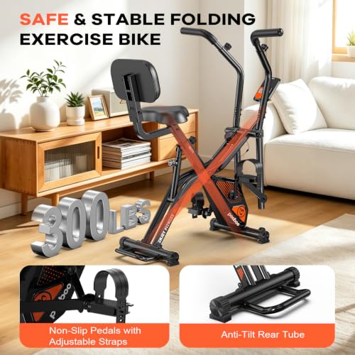 pooboo Folding Magnetic X‑Bike, Upright Exercise Bike for Home Gym | Foldable Indoor Stationary Cycling Bike, 8‑Level Resistance, 6.6 LBS Flywheel, 300 LB Capacity, Back Support Cushion - color: Orange
