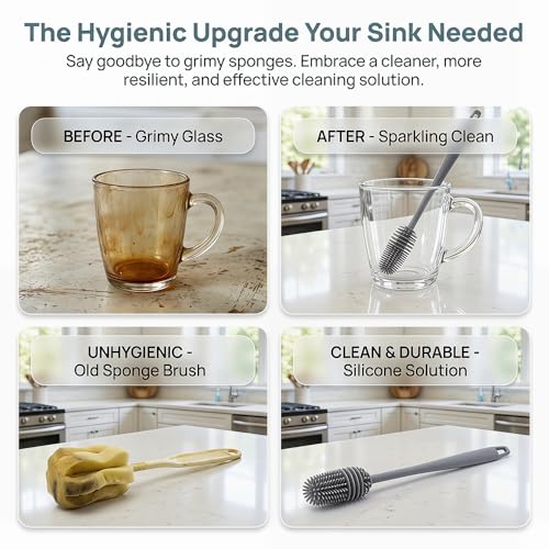 2 PCS Bottle Brush, Long-Handled Silicone Brush, Silicone Brush Cup, Reaches Every Corner, Applicable a Thorough Bottles, Hydro Flask, Sports Bottle, Vase, Glassware,(11") - color: Grey-1