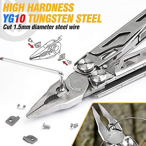 BIBURY 31-in-1 Multitool Pliers Pro,EDC Pocket Knife & Scissors-BI2045 | Stainless Steel Multi Tool with Screwdriver, Replaceable Wire Cutters, Saw, Ideal for Survival,Camping,Repair, Gifts for Men - color: Silver