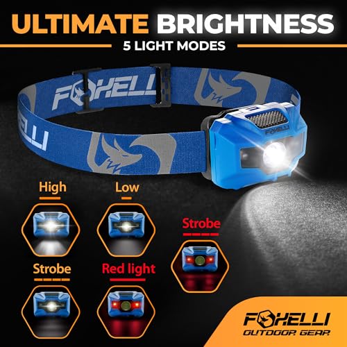 Foxelli USB‑C Rechargeable LED Headlamp – Ultra‑Light 2.4 oz & Bright 180 Lumens – Red/White Light, 5 Modes, IPX5 Waterproof, 40 h Runtime for Trail Running, Camping, Hiking - color: Blue
