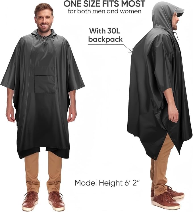 Extra Thick Waterproof Hooded Rain Poncho for Adults Lightweight Raincoat Jacket with Pocket for Hiking Camping Emergency - color: Black