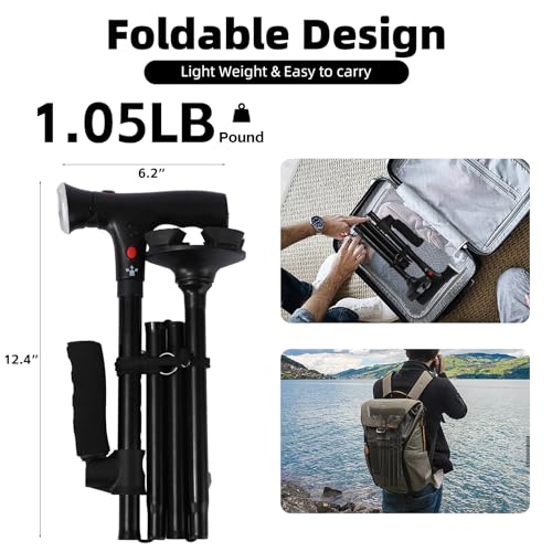Walking Stick，Walking Canes for Women & Men，Folding Cane with Led Light and Alarm, with Side Handle, Collapsible Cane Lightweight, Free Self Standing Foldable Stick for Seniors & Adults