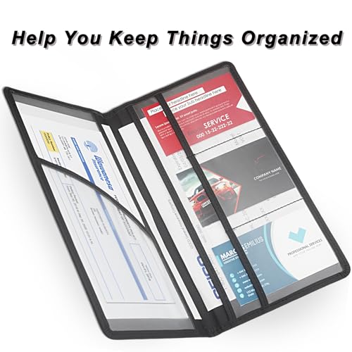 Car Registration & Insurance Holder, Black | Faux leather glove box organizer with magnetic closure. 6 slots, clear PVC windows for cards and documents - color: 10-Black