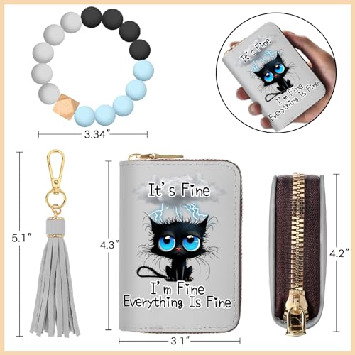 Yonlevres Credit Card Holder RFID Small Wallet Women Keychain Zipper - color: Wristlet Cat