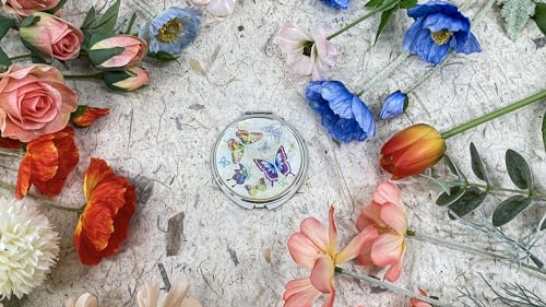 Portable Makeup Compact Double Magnifying Mirror Cosmestic Foldable Pocket Style Unique Mother of Pearl Design (Butterfly) - color: Butterfly