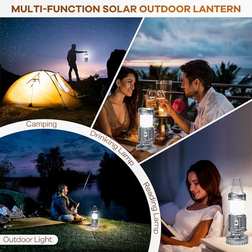 Solar Camping Lantern with Fan & Phone Charger, Portable Rechargeable Power for Hurricanes, Emergency, Power Outage and Camping Gear, Silver - style: Modern