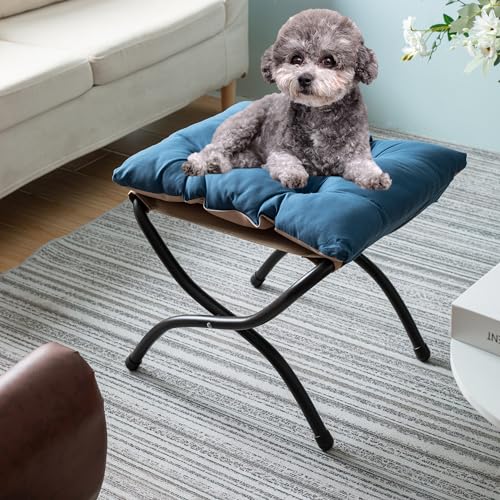 15" Upholstered Folding Foot Rest Stool with Foldable Metal Frame Sapphire - color: Sapphire