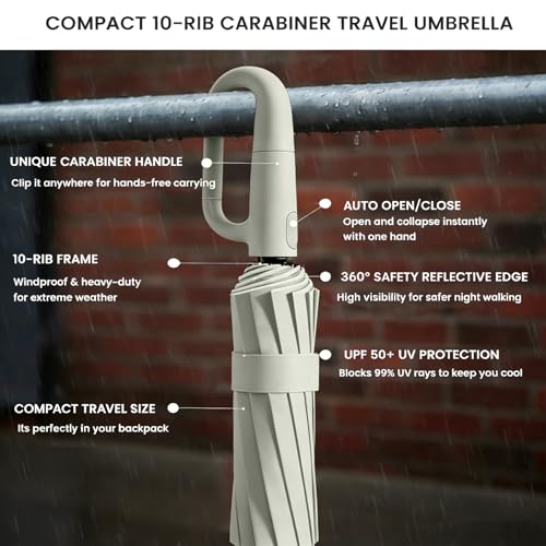 SIEPASA Travel Umbrella with Carabiner Handle - Windproof 10 Ribs Auto Open/Close for Rain & Sun Protection, Compact Portable Clip-on Backpack Design with Safety Reflective Strip. - color: UV-Beige