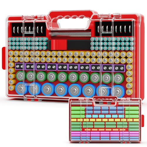 Narotood Battery Organizer Storage Holder Box Case with Tester, Ultra-Large 280+ Batteries Double-Sided Variety Pack,Holds AA AAA 4A C D Cell 9V 3V Lithium18650 LR44 CR2 CR123 CR1632 - Red - color: Red