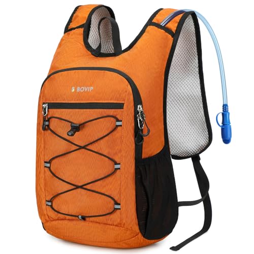 BOVIP Lightweight Hydration Back,15L Multipurpose Hiking Backpack with 1.5L Water Bladder ,Hydro Water Daypack for Cycling Hiking Rave for Men Women - size: Orange