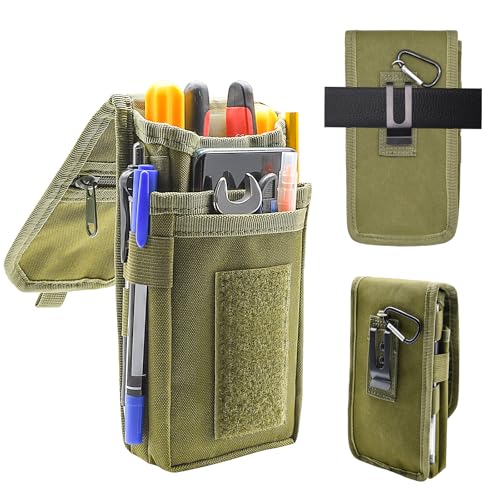 Belt Tool Pouch, Tactical Utility Organizer with Cell Phone Holder, Durable Heavy-Duty 1000D Nylon EDC Multitool Holster with Multi-Pockets for Electricians, Handymen, Work, Hiking - color: Army green