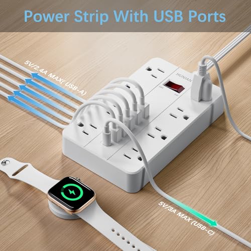 Power Strip with USB, HUNIAN Flat Plug Extension Cord, 5Ft, White | 8 Widely Spaced Outlets 6 USB Charger (1 USB C Port), Extension Cord with Multiple Outlets, Charging Station for Home, Office - color: White, size: 5FT