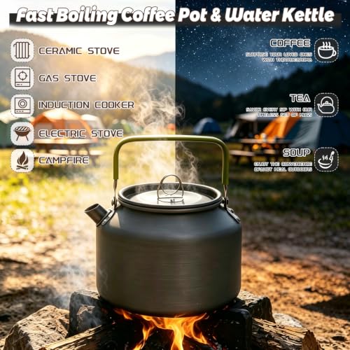 1.8L Camping Kettle Set, Aluminum Alloy Pot with 2 Mugs & Carry Bag | Coffee Tea Kettle, Anti-Scald Handle, Fast Boiling for Open Fire Stove, Hiking Backpacking Picnic