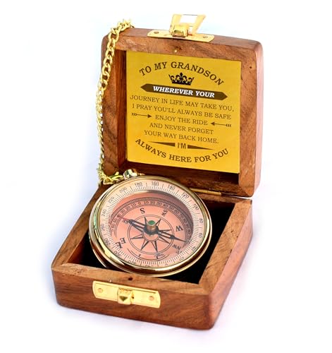 to My Son Compass with Wooden Box-Mom to Son Compass–Father to Son Gifts- to My Grandson -Graduation Day Gifts for Son-Birthday, Baptism, Graduation, Confirmation, Communion Compass for Women Men - style: # 2 To my Grandson compass