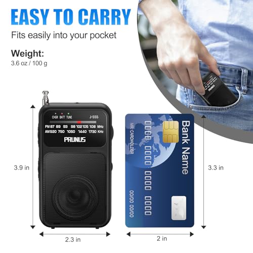 PRUNUS J-555 Pocket Radio AM FM USB-C Charging& Battery Operated, Back Clip - color: Black