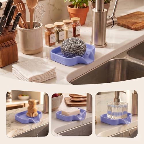 MicoYang Silicone Soap Dish with Drain Spout, Self-Draining Sink Organizer Tray for Bathroom & Kitchen, Sponges, Dispensers & Soap Holder, Non-Slip & Dishwasher Safe, Light Purple (Compact, 4.9"×3.2") - color: Light Purple, size: S(4.9"×3.2")