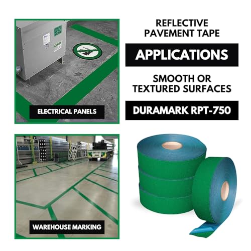 DuraMark RPT-750 Reflective Pavement Marking Tape, Green, 3 in x 108 ft | Permanent rubber base bonds to asphalt and concrete; glass-bead reflectivity improves low-light visibility. - color: Green, size: 3 Inch x 108 Ft