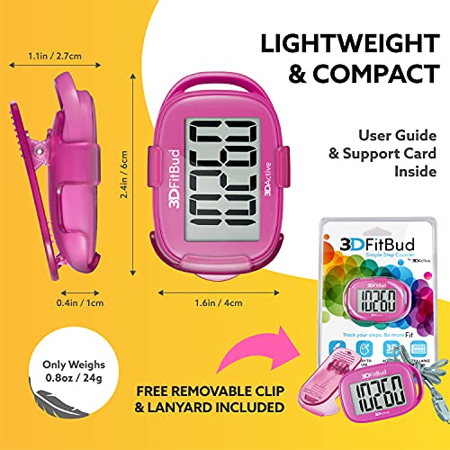 3DFitBud Simple Step Counter Walking 3D Pedometer by 3DActive with Clip, Lanyard Accurate Step Tracker Large Display, Easy to Use for Kids Men Women Adult Seniors Daily Step Tracking - A420S - color: Pink