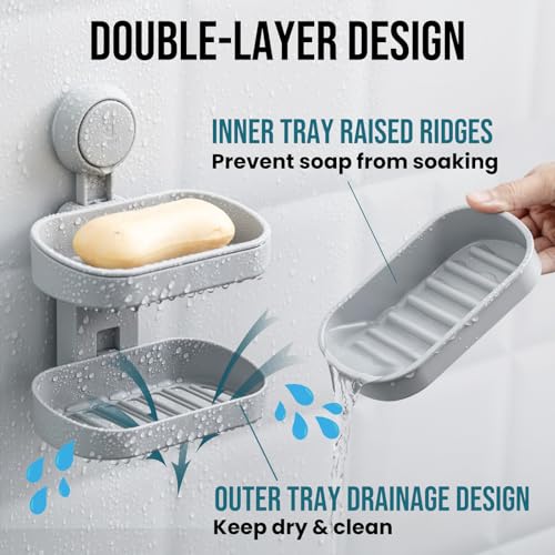 TAILI Soap Holder, Soap Dish for Shower Suction Cup, Bar Soap Holder, Grey | 2 Layer Removable Soap Holder Shower, Soap Tray for Shower Wall, No drill Sponge Holder, Bathroom & Kitchen, Bath Accessories - color: Grey, size: 2 Tier