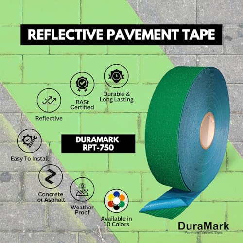 DuraMark RPT-750 Reflective Pavement Marking Tape, Green, 3 in x 108 ft | Permanent rubber base bonds to asphalt and concrete; glass-bead reflectivity improves low-light visibility. - color: Green, size: 3 Inch x 108 Ft