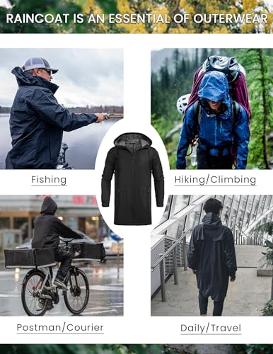 COOFANDY Men's Long Raincoat Ligtweight Rain Jacket Waterproof Outdoor Jackets with Hood - color: Black, size: Medium