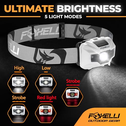 Foxelli USB‑C Rechargeable LED Headlamp – Ultra‑Light 2.4 oz & Bright 180 Lumens – Red/White Light, 5 Modes, IPX5 Waterproof, 40 h Runtime for Trail Running, Camping, Hiking - color: White