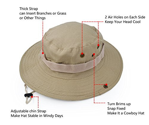 Outdoor Wide Brim Sun Protect Hat, Classic US Combat Army Style Bush Jungle Sun Cap for Fishing Hunting Camping - color: Light Khaki