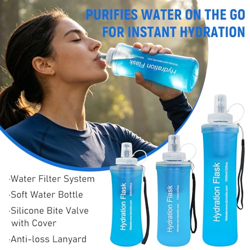 1L Collapsible Water Bottle with Filter for Hiking Backpacking(Blue)
