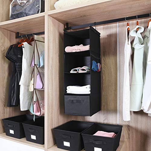 MAX Houser 4-Shelf Hanging Closet Organizer, Space Saver, Cloth Hanging Shelves with 2 Side Pockets, Foldable (Black) | Foldable Fabric Hanging Shelves for Closet, Cloth Hanging Shelves with 2 sturdy hanging hooks, Small Space Saver - color: Black-1