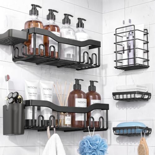 NESOMI 7-Pack Shower Caddy Adhesive,Stainless Steel Shower Organizer Shelf | Rustproof, with Soap Dish Toothbrush Holder, Large Capacity, No-Drill Rack Bathroom Storage Accessories, 24 Hooks, Home Decor - color: Black, size: 7-Piece Set