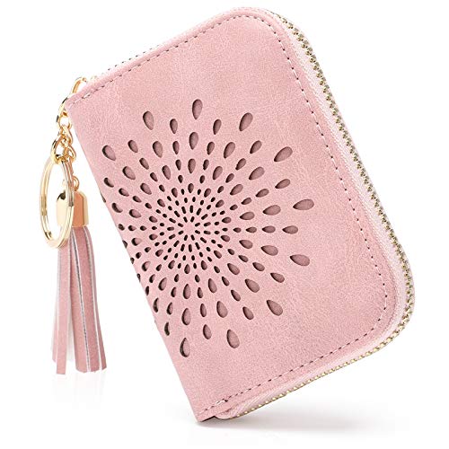 APHISON RFID Credit Card Holder Zipper Card Case Keychain Small Wallet for Women 1927 PINK - color: 0-PINK(single zip)
