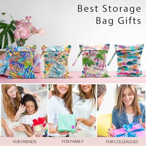 Wet Bag, 4Pcs Wet Dry Bag Set, Reusable Waterproof Bags with Palm & Beach Crowd Patterns for Women, Practical for Pool Days & Daily Essentials Storage - color: Palm & Beach
