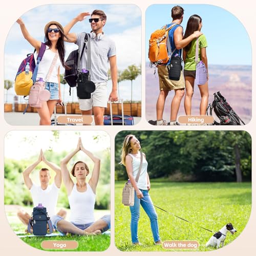 Water Bottle Carrier bag with Strap Phone Pocket for Walking, Hiking, Cycling - color: 2-Khaki, size: 32oz-40oz