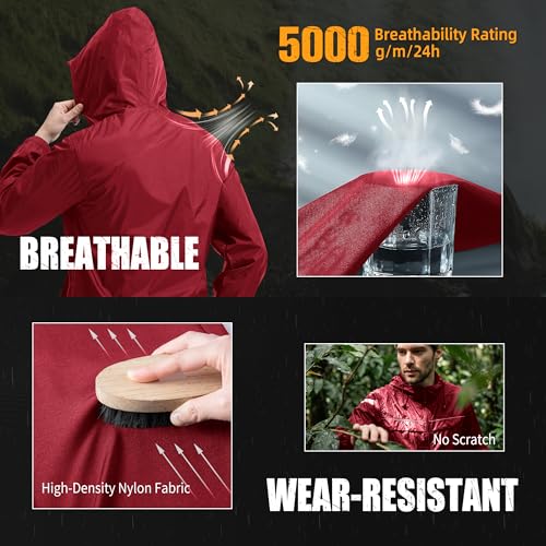 ZITY Mens Rain Jacket with Lining Waterproof Lightweight Rain Coats Packable Hooded Windbreaker for Hiking Golf Cycling - color: Red, size: XX-Large
