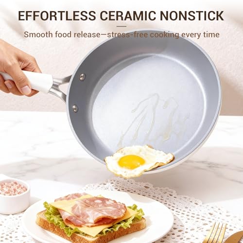 Ammeloo 15-Piece Ribbed Ceramic Cookware Set, Pots and Pans Set Non Stick, Induction Ready, Healthy Non Toxic Kitchen Cooking Set PFAS/PFOA/PTFE-Free, Silicone-wrapped Stay-Cool Handle - color: Cream White