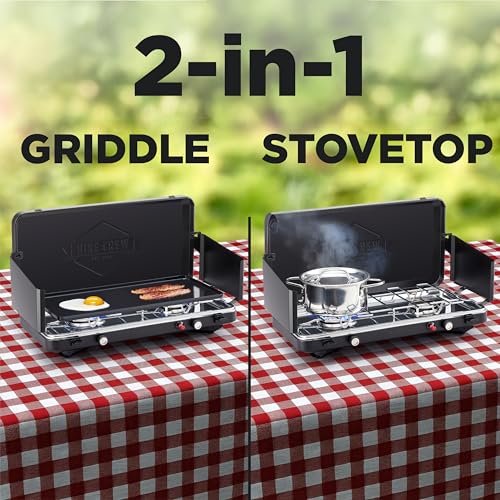 Hike Crew 2-in-1 Gas Camping Stove and Griddle | 20,000 BTU 2 Burner Propane Portable Stovetop w/Griddle Plate | Foldable Legs | Integrated Igniter w/Regulator | Wind Panels & Built-in Carry Handle - style: Stove + Griddle