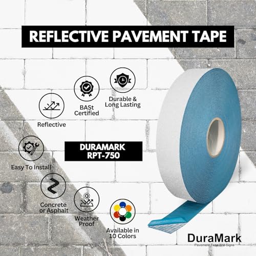 DuraMark RPT-750 Reflective Pavement Marking Tape, White, 2 in x 108 ft | Permanent rubber base bonds to asphalt and concrete; glass-bead reflectivity improves low-light visibility. - color: White, size: 2 Inch x 108 Ft