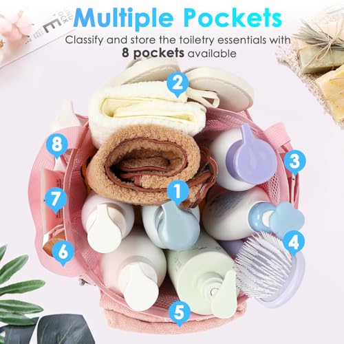 Fammart Mesh Shower Caddy Portable for College Dorm Room Essentials, Odorless Polyester Large Shower Tote Bag with Dual Handles, 8-Pocket Quick-Dry Toiletry Organizer for Travel, Beach, Camping, Gym - color: Multiple Pockets, 1 Pack - Pink