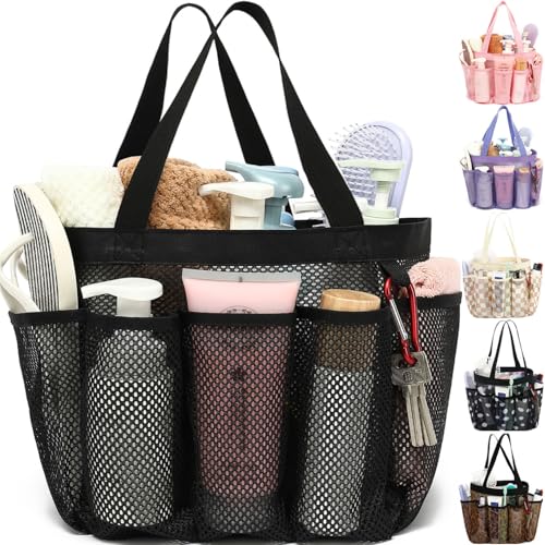 Fammart Mesh Shower Caddy Portable for College Dorm Room Essentials, Odorless Polyester Large Shower Tote Bag with Dual Handles, 8-Pocket Quick-Dry Toiletry Organizer for Travel, Beach, Camping, Gym - color: Multiple Pockets, 1 Pack - Black
