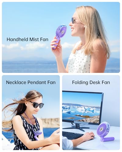 SWEETFULL Portable Misting Fan - 180° Foldable Handheld Personal Fan with Mist Spray, 3 Speeds, 30ml Water Tank, USB Rechargeable for Travel, Outdoors, Makeup, Camping, Home, and Office Use - color: Purple