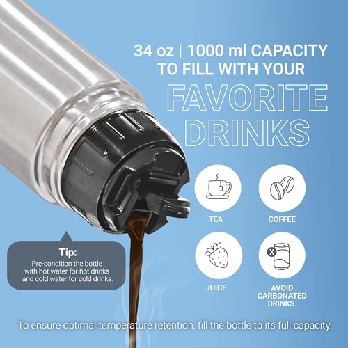Milton Flask 34 oz Insulated Water Bottle with Cover, Flip Lid, Thermosteel | Stainless Steel, Double Wall Vacuum Insulation, Keeps Drinks Hot & Cold up to 24 Hours, Leak Proof, Silver - size: 34 oz